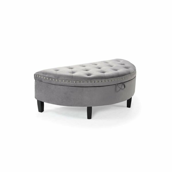 Chic Home Kelly Half Moon Storage Ottoman Tufted Velvet Upholstered Espresso Finished Wood Legs Bench, Grey FON9170-US